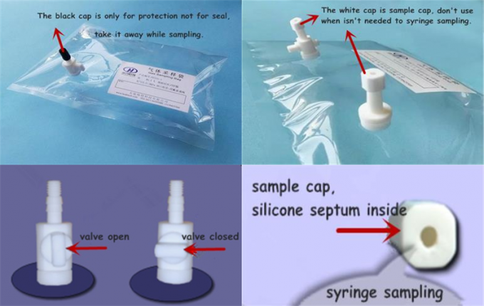 New DEVEX multi-layer foil air/gas sample bags with PTFE valve+PTFE fitting silicone septum and syringe sampling (1L)